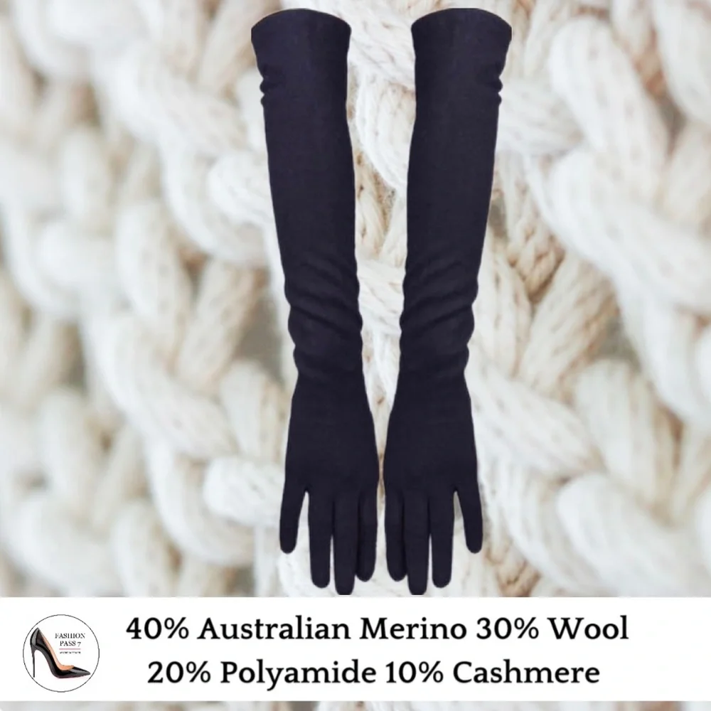 Long Cashmere Merino Wool Gloves Classical Black Luxury Winter Warm Gloves Gift